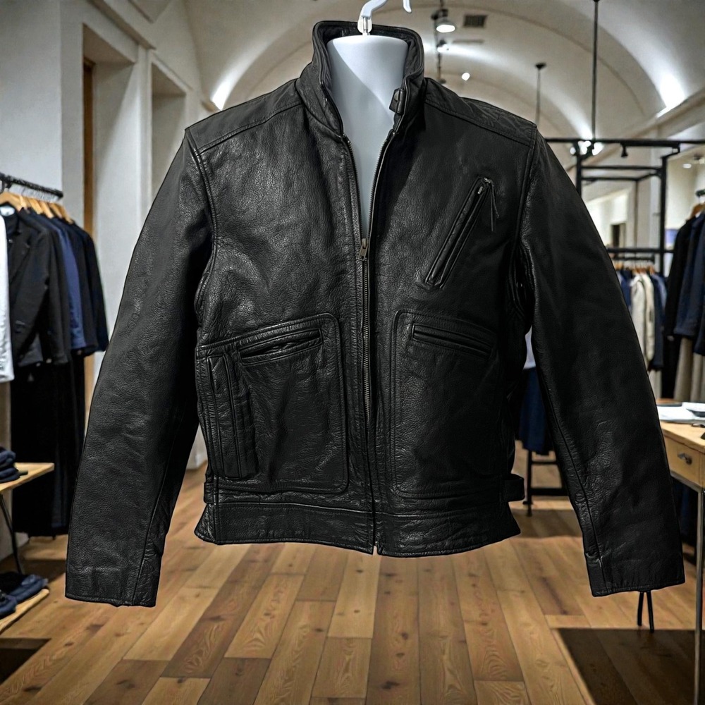 FMC Mens Black Leather Cafe Racer‎ Motorcycle Jacket Thinsulate Insulated Small